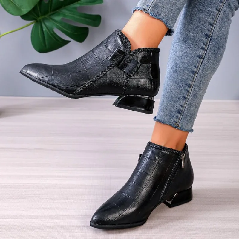2026 New Women's Pointed Toe Low Heel Ankle Boots - Side Zip Soft Leather Fashion Booties Autumn Winter Comfortable Short Boots