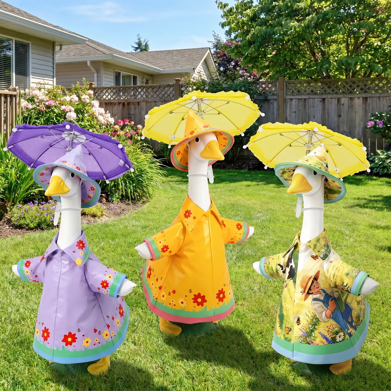Raincoat Porch Goose Outfit Waterproof Summer Lawn Goose Clothes with Umbrella and Hat Decorative 23 Inch Garden Statue Dress Up