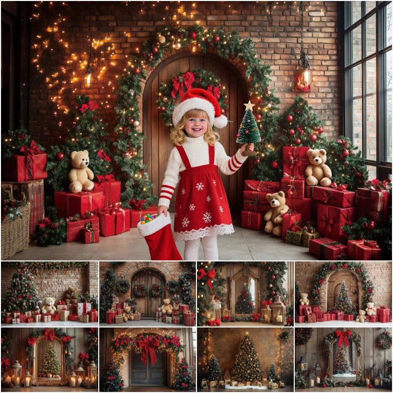 Merry Christmas Arch Window Backdrop Wooden Door Red Bow Mirror Tree Gifts Baby Photo Photographic Background Party Decor Props