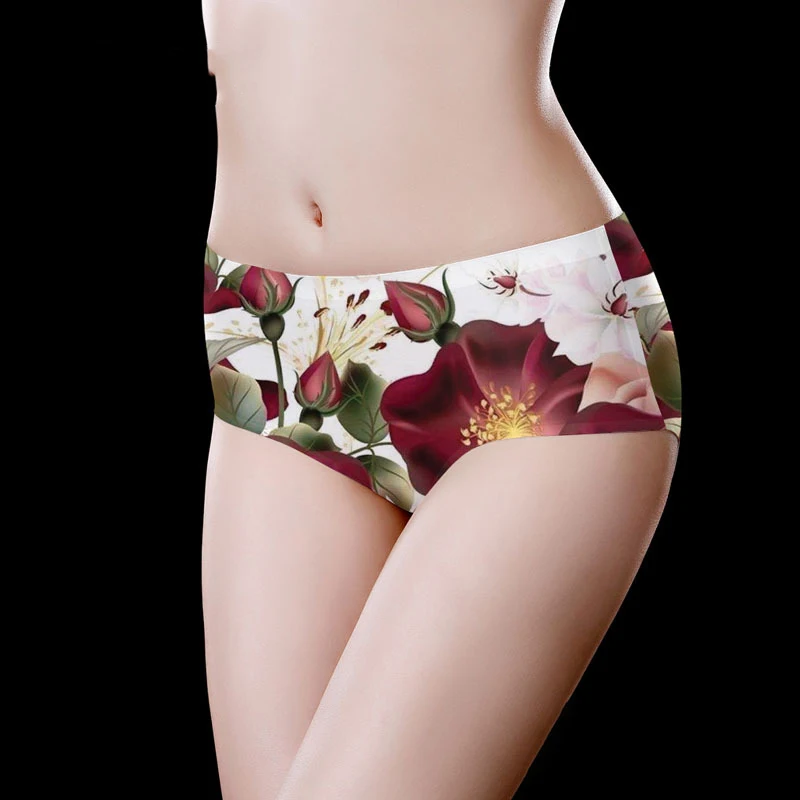 Fashion Red Flowers Print Seamless Panties Ice Silk Briefs Traceless Lingerie Intimates Underpants Sexy Underwear Women Panties