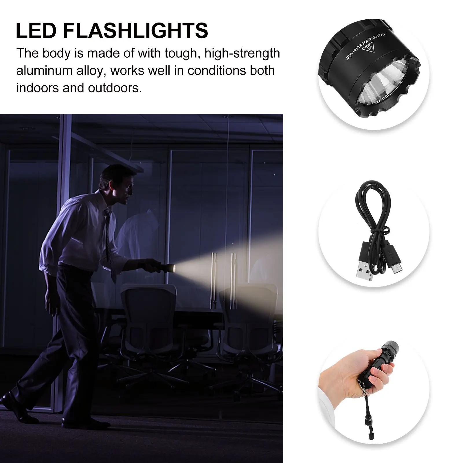 

USB Rechargeable LED Flashlight High Lumens Aluminum Alloy Body Water Resistant for Camping Hiking Outdoor Lighting Device