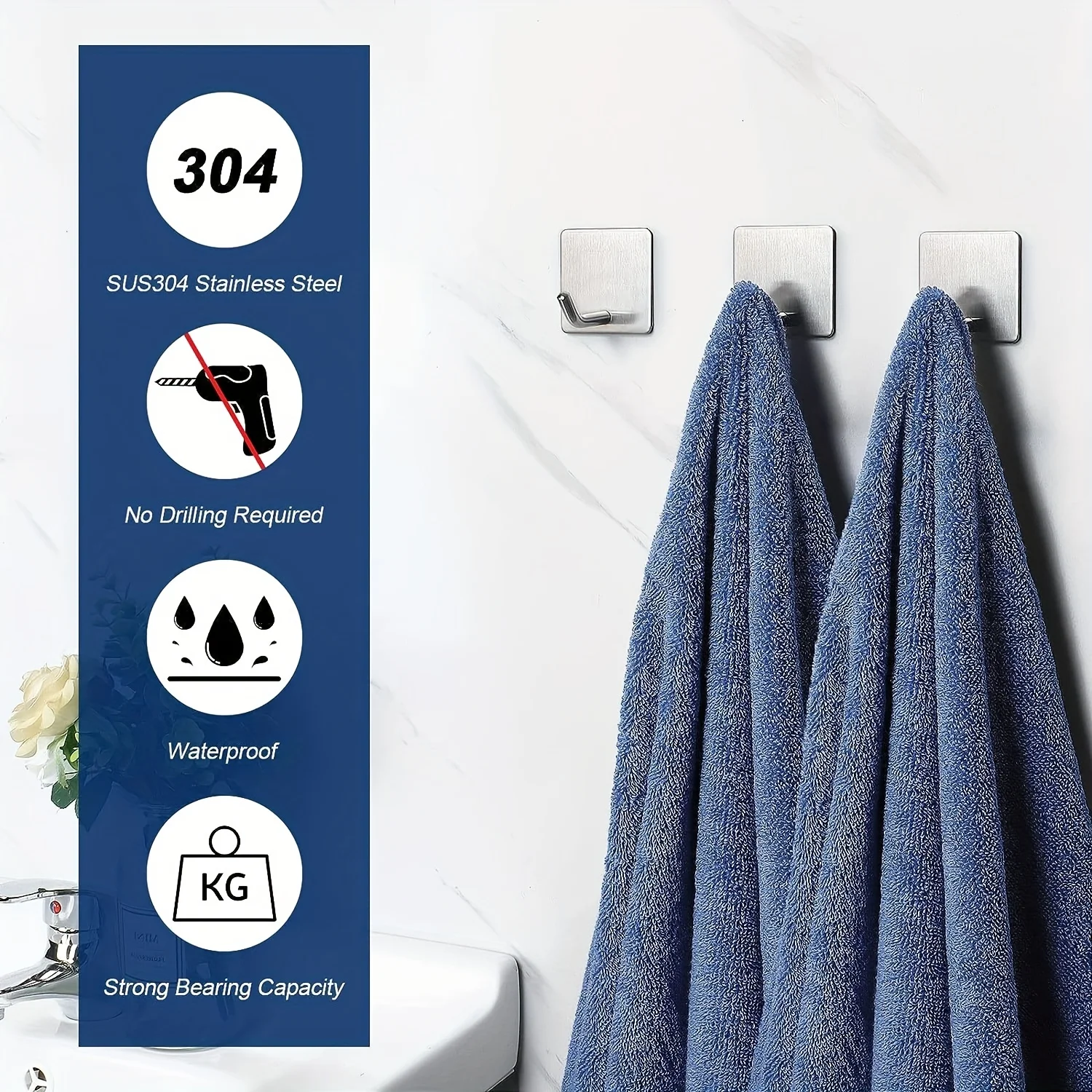 4pcs Heavy Duty Adhesive Towel Hooks Stick On Towel Holder Wall Hangers Waterproof Stainless Steel Sticky Hooks For Hanging