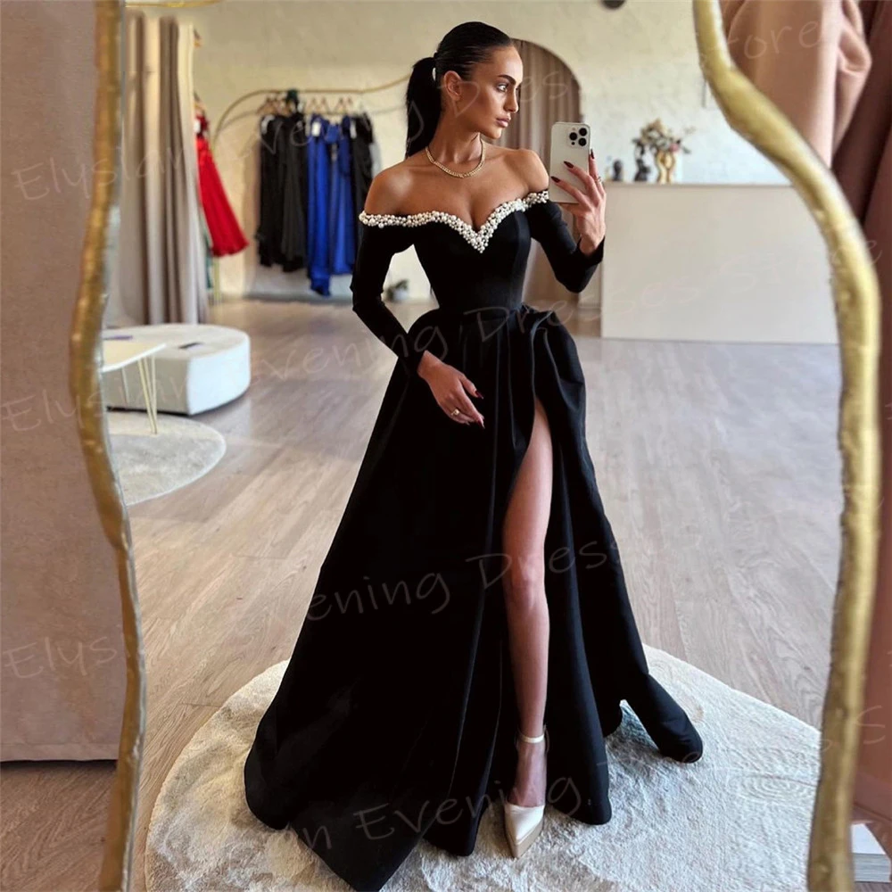 Fascinating Sexy Black A Line Women's Evening Dresses Elegant Off The Shoulder Prom Gowns Simple Long Sleeve Split فساتين سهرة