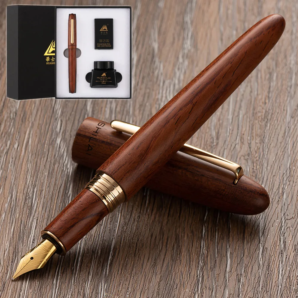 Exquisite Luxury Fountain Pen Set - 0.7mm 24K Gold-Plated Nib, Pure Wood Fountain Pen with Rotating Cap, Includes 30ml Ink