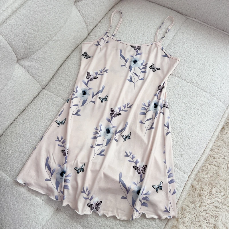 Camisones de verano con estampado floral de corazones y mariposas, estilo oso de peluche, para mujer, cómodos, sin mangas, con volantes, ropa de dormir fina para mujer