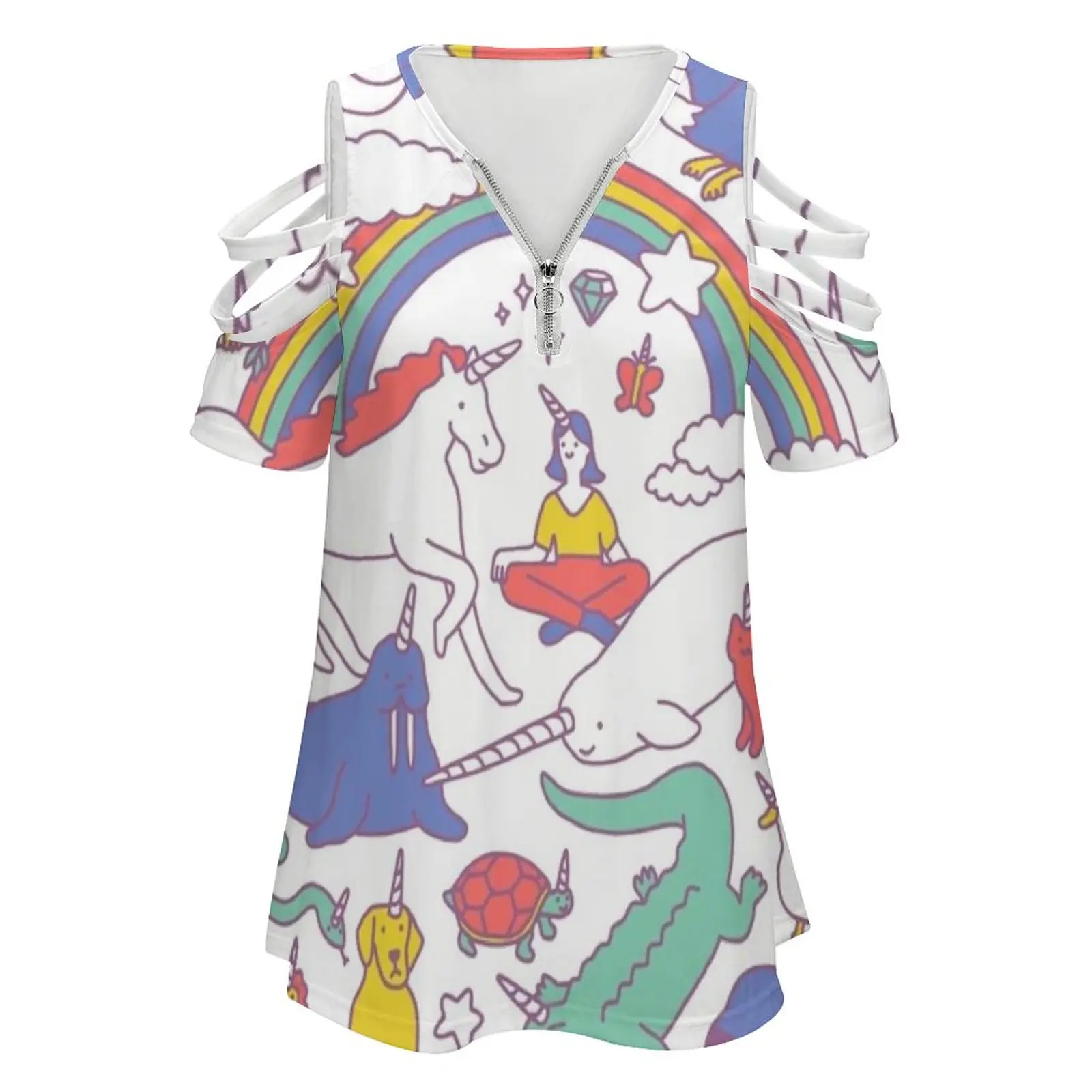 ¡Los unicornios! Camiseta de mujer con estampado Floral de moda de verano, camiseta con cremallera y cuello en V, jersey hueco, Top para mujer, unicornios bonitos