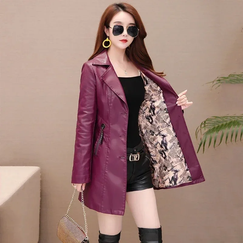 Pop Women Leather Jacket Spring Autumn New Long Women'S Leather Coat  Fashion Punk Female Motorcycle  Faux Leather  Streetwear