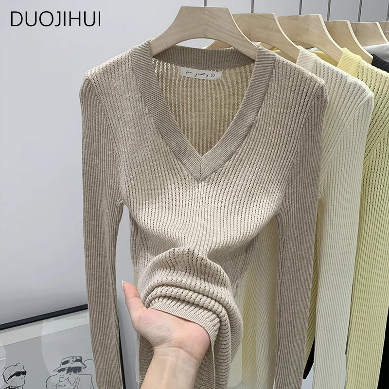 DUOJIHUI Korean Classic V-neck Basic Striped Women Pullovers Ins Autumn New Solid Color Fashion Simple Casual Female Pullovers