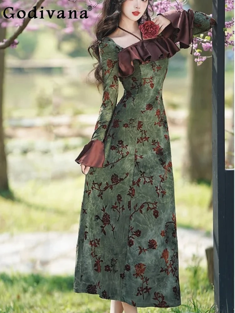 

Elegant New Chinese Tie-dye Velvet Temperament Square Neck Dress Sweet Girl Ruffle Flare Sleeve Retro Lace-up A-line Dresses