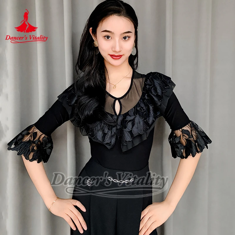 Top da allenamento a mezze maniche con ricamo standard per sala da ballo, valzer latino per adulti, tango, rumba, pratica professionale, tuta da ballo