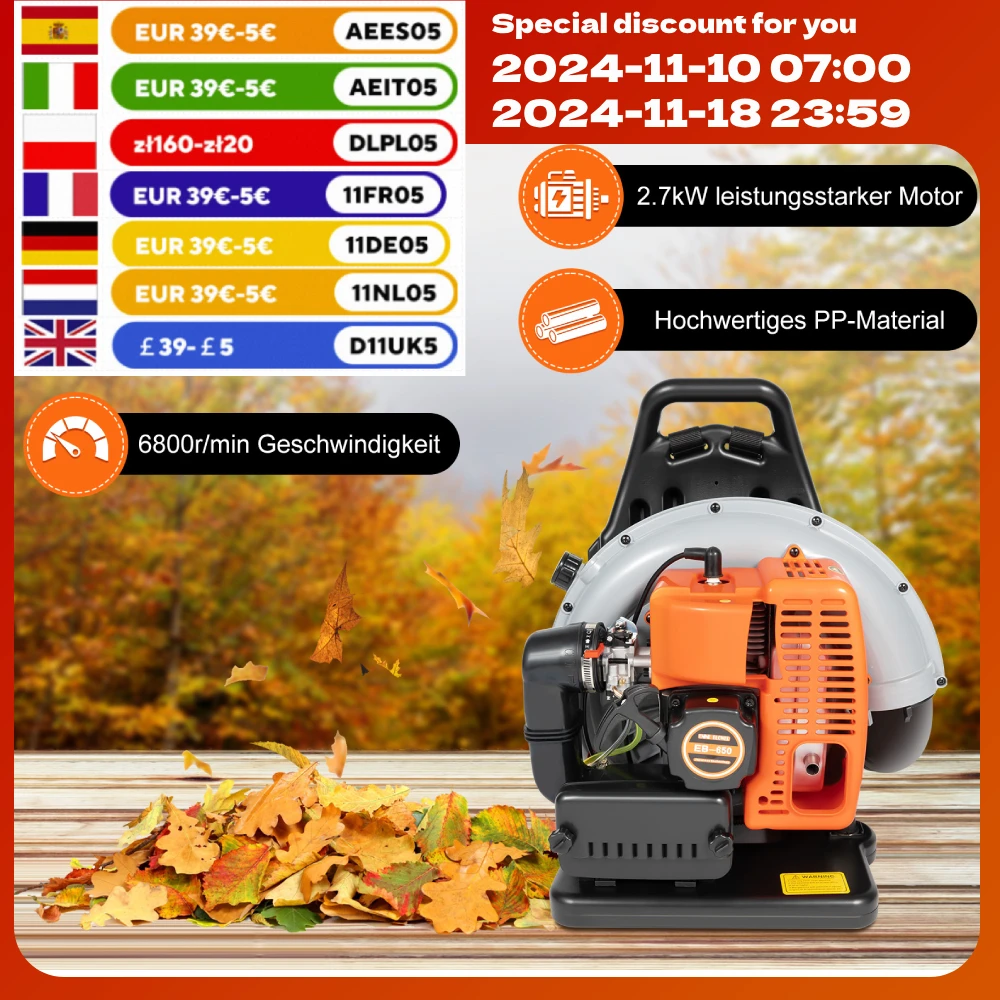 Backpack Leaf Blower Gas Powered w/1.7L Fuel Tank 2.7KW 65CC 2-Stroke 6800r/Min Adjustable Air Duct Detachable