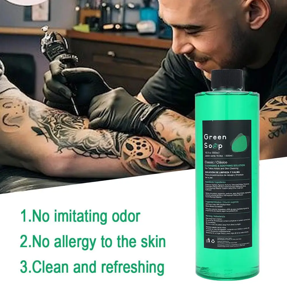 500/50ML Tattoo Green Soap Tattoo Cleaning Soap Tattoo Skin Cleansing Soothing Solution Green Algae Soap and Foam Bottle Set