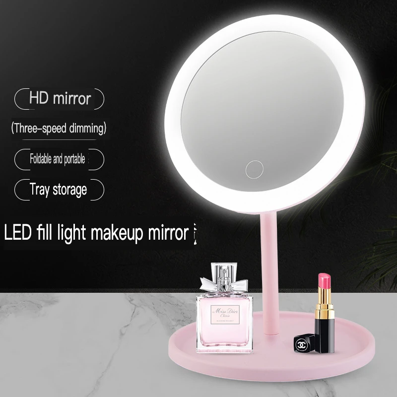 Espejo LED europeo plegable con luz de relleno para maquillaje de escritorio, espejo para estudiantes