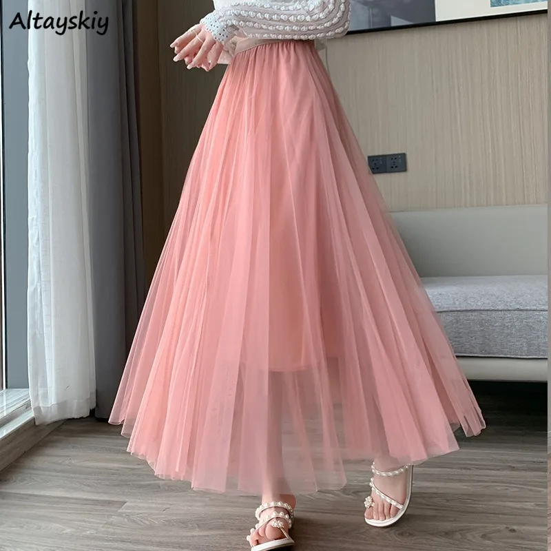 

Mesh Skirts for Women All-match Elegant Summer Mid-calf Young Korean Style High Waist Soft Simple Chic Solid 2024 New Popular