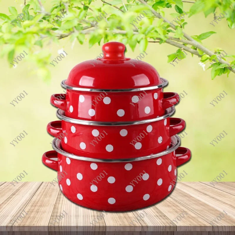 

16/18/20CM Double Ears Speckled Stew Pot Porcelain Enamel Soup Bowl With Lid Induction Cooker