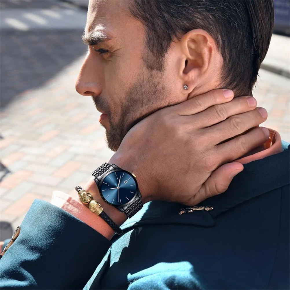 

Мужские кварцевые часы, деловые наручные часы из нержавеющей стали, черный календарь с дисплеем, водонепроницаемые модные мужские наручные часы