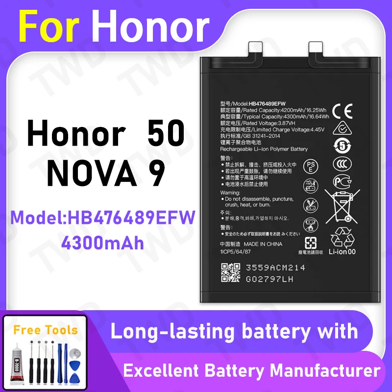 100% New 4300mAh HB476489EFW Battery For HONOR 50/NOVA 9 Battery Replacement Bateria+Free Tools