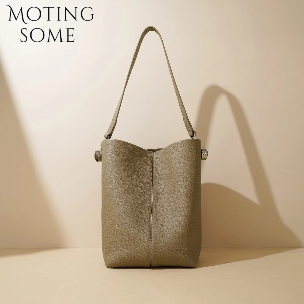 Motingsome Bucket Bag Women Simple First-layer Cowhide Tote Large Capacity Versatile Fashion Commuter Shoulder Handbag 2024 New