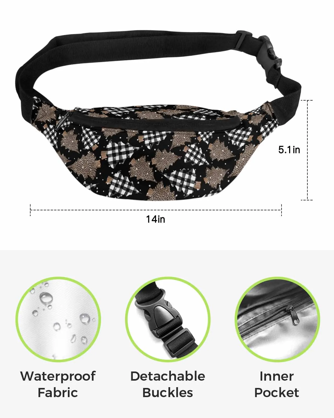 Black Checkered Leopard Print Snowflake  Men Women Waist Bag Fanny Pack Phone Belt Bag Wallet Pouch Waterproof Banana Hip Bags