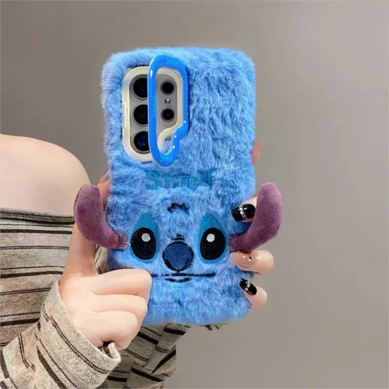 Cute Plush Stitch fashion Phone Case with Camera Stand for Samsung S26 S25 Ultra S24Plus S23Ultra Fluffy Warm Shockproof Cover