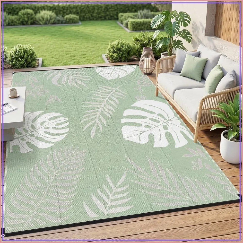 

Outdoor Rug 9x12FT, Reversible & Water-Resistant & Wear-Resistant & Plastic Straw Rug for Patio, Camping, RV - Green Leaf