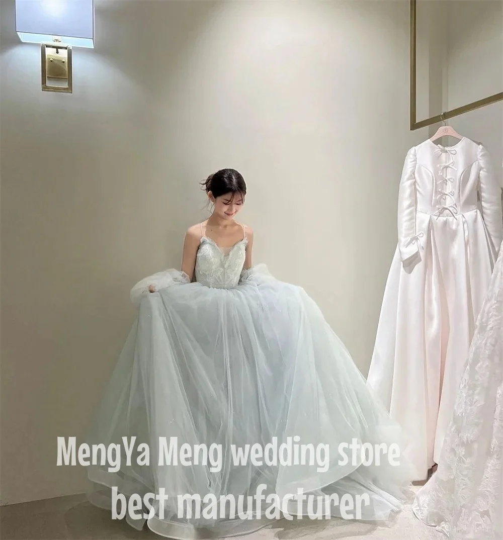 ZHUISHU Fairy Dusty Pale Blue Korea Prom Dresses Spaghetti Straps Puff Long Sleeves Lace Tulle Evening Gowns Wedding Photo shoot