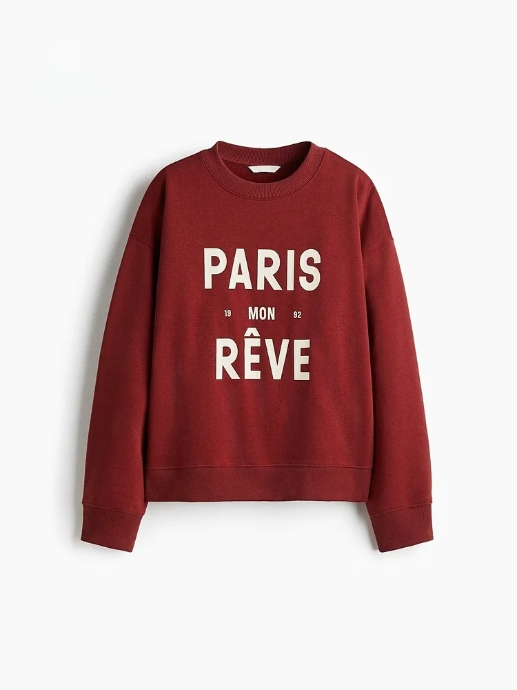 เสื้อสเวตเตอร์ผู้หญิง H&M ลำลอง สีแดง ลายพิมพ์ อเมริกัน สไตล์สวมหัว สำหรับฤดูหนาว ผ้าคอตตอนผสมโพลีเอสเตอร์ ใส่สบาย