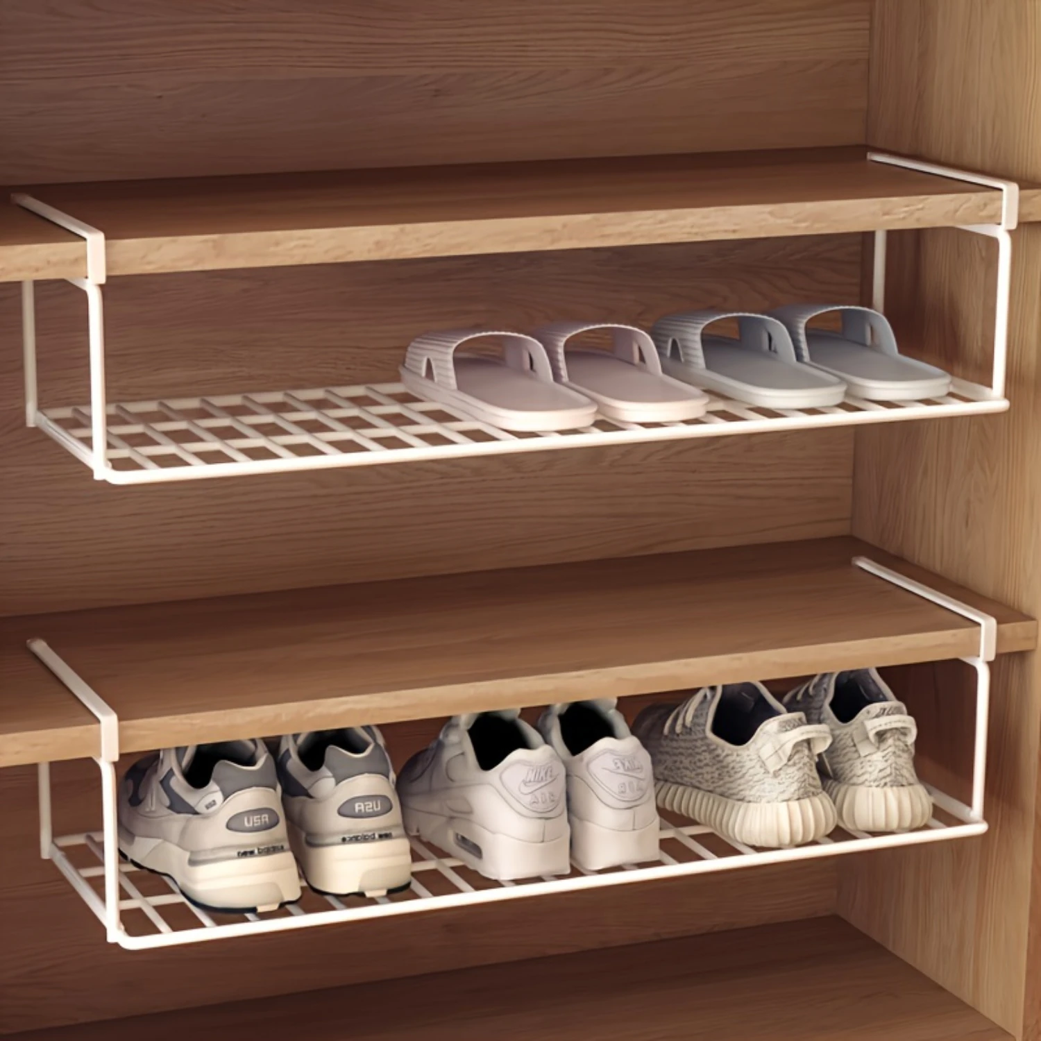 

"Sleek Design" Space-Saving Foldable Shoe Rack - Expandable Layered Design For Bathroom Cabinets, Carbon Steel, Ceiling Mount