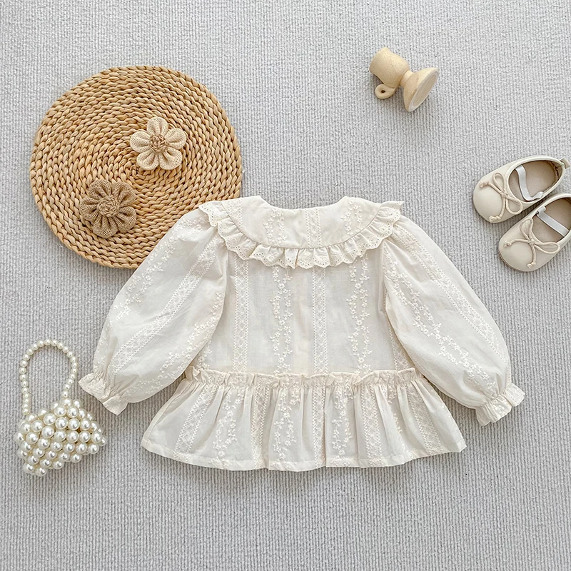 Koreanischer Stil Baby-Mädchen Spitzenbluse mit Puppenkragen, Herbst Langarm-Rüschenhemd, Besticktes Rüschen-Prinzessinnen-Oberteil für Kinder, Lässiges Top – Detail 5
