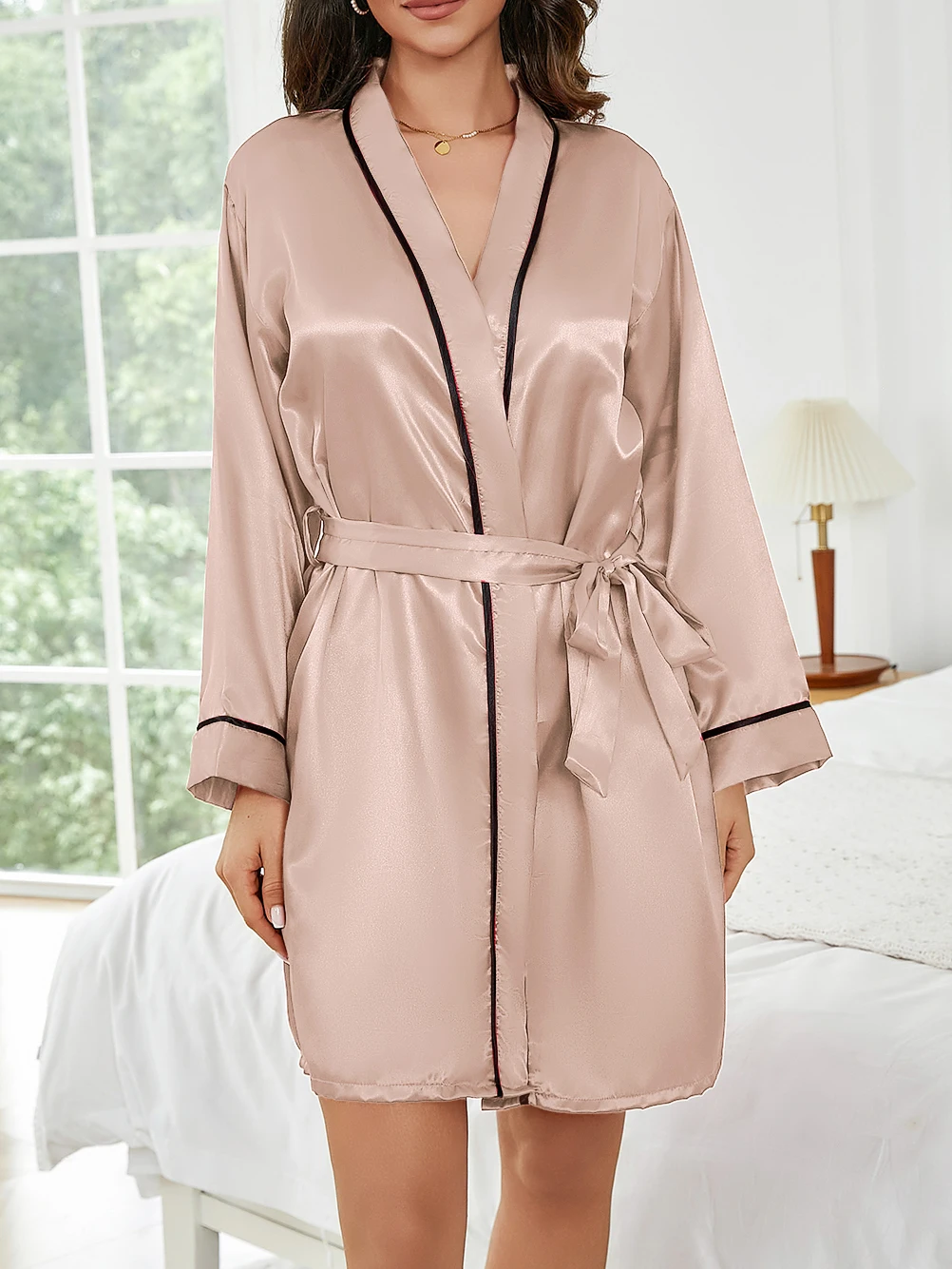 Reine Farbe Kurze Robe Frauen Sommer Dünne Hause Nachtwäsche Casual Bademantel Mode Vielseitig – Detail 13