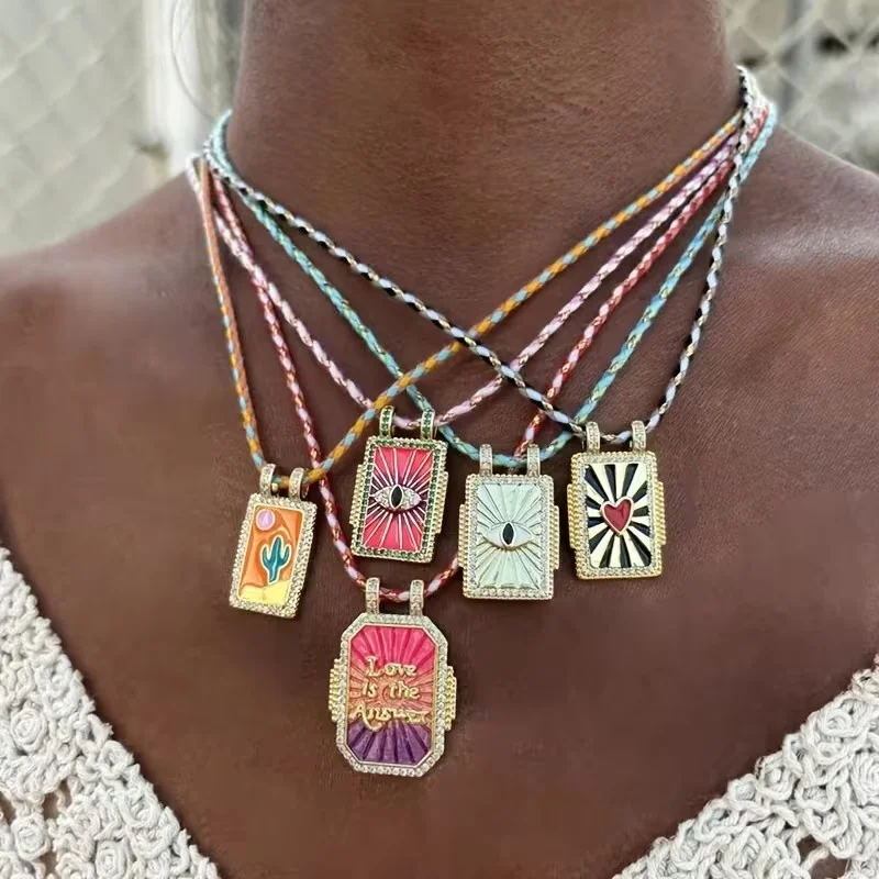 Stylish New Copper & Zirconia Pendant Necklace: Sun & Eye Tarot Design with Gradient Enamel Finish