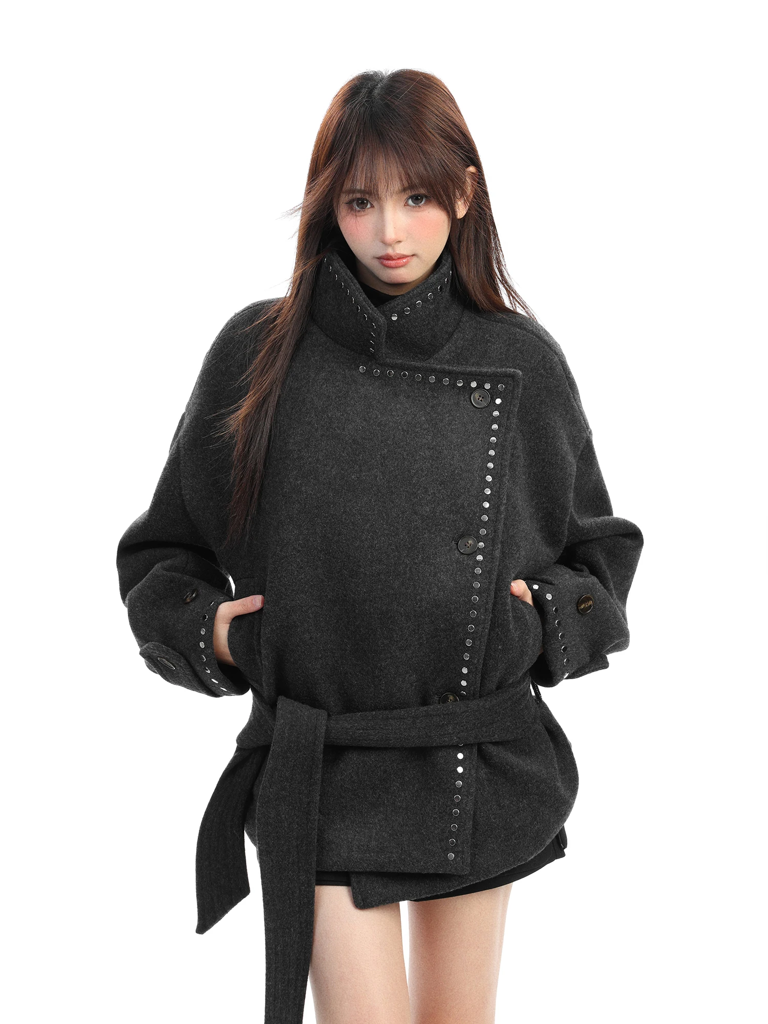 

PTGINKIN Women's Woolen Jaet Rivet Lapel Coat Winter Thiened Casual Sle Button ket Belt Design Asymmetrical Coat