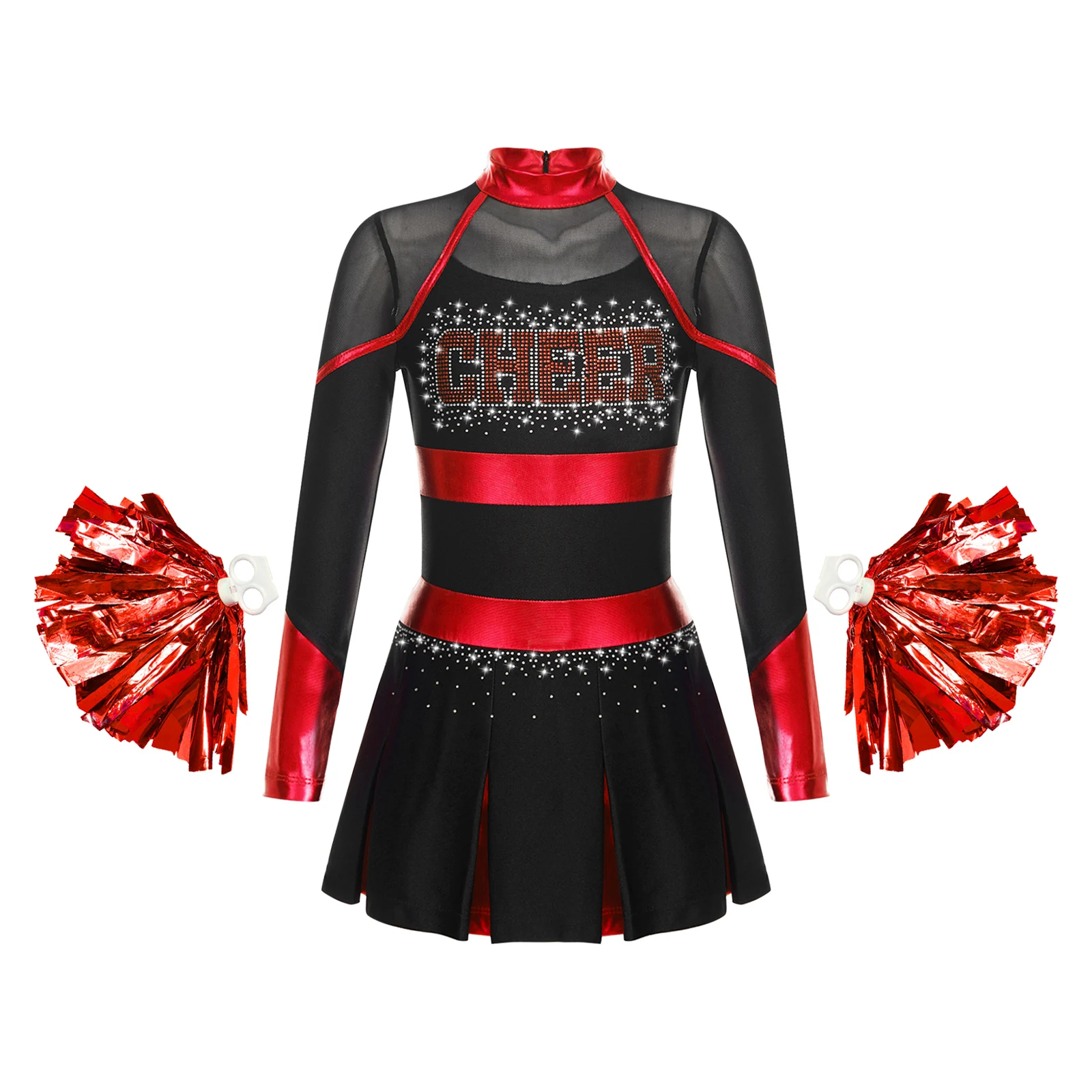 Kinder Mädchen Cheerleading Uniform Cheerleader Tanzkostüm Glitzernde Strasssteine Metallic Plissee Kleid mit 2 Stück Handblumen – Detail 24