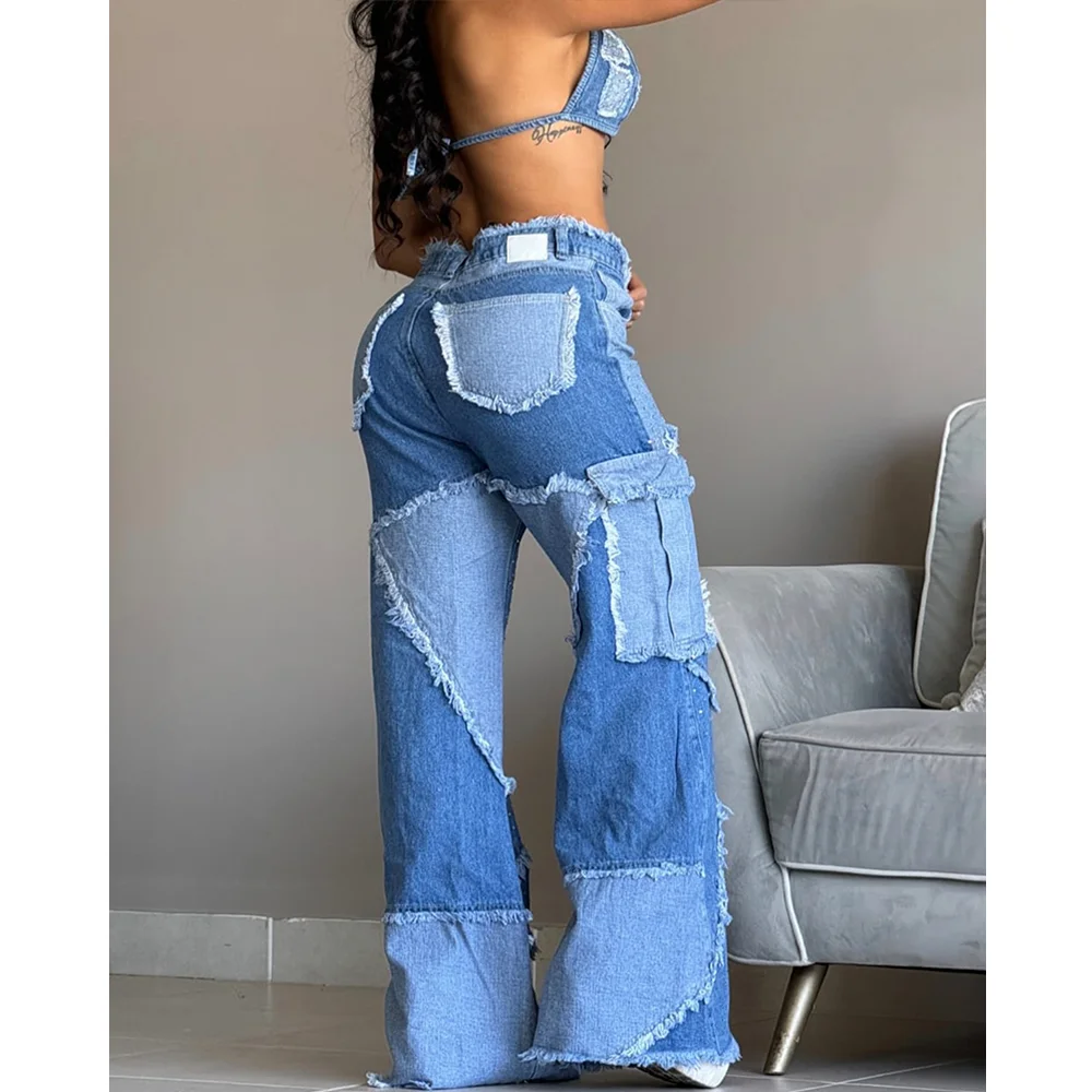 Jean patchwork taille haute pour femme, pantalon en denim décontracté, jambe large et droite, Vintage Wash FjStreetwear, Y2K