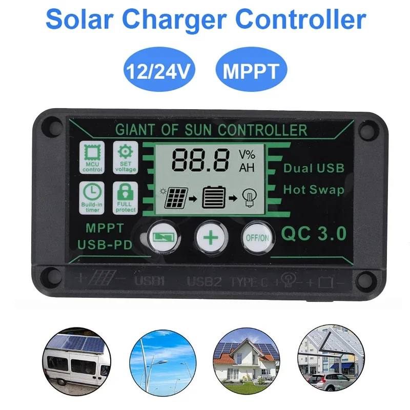 Waterproof 10A-100A Solar Charge Controller MPPT 12V/24V Charger Controllers Dual USB Auto Sola Cell Panel Chargers Regulator