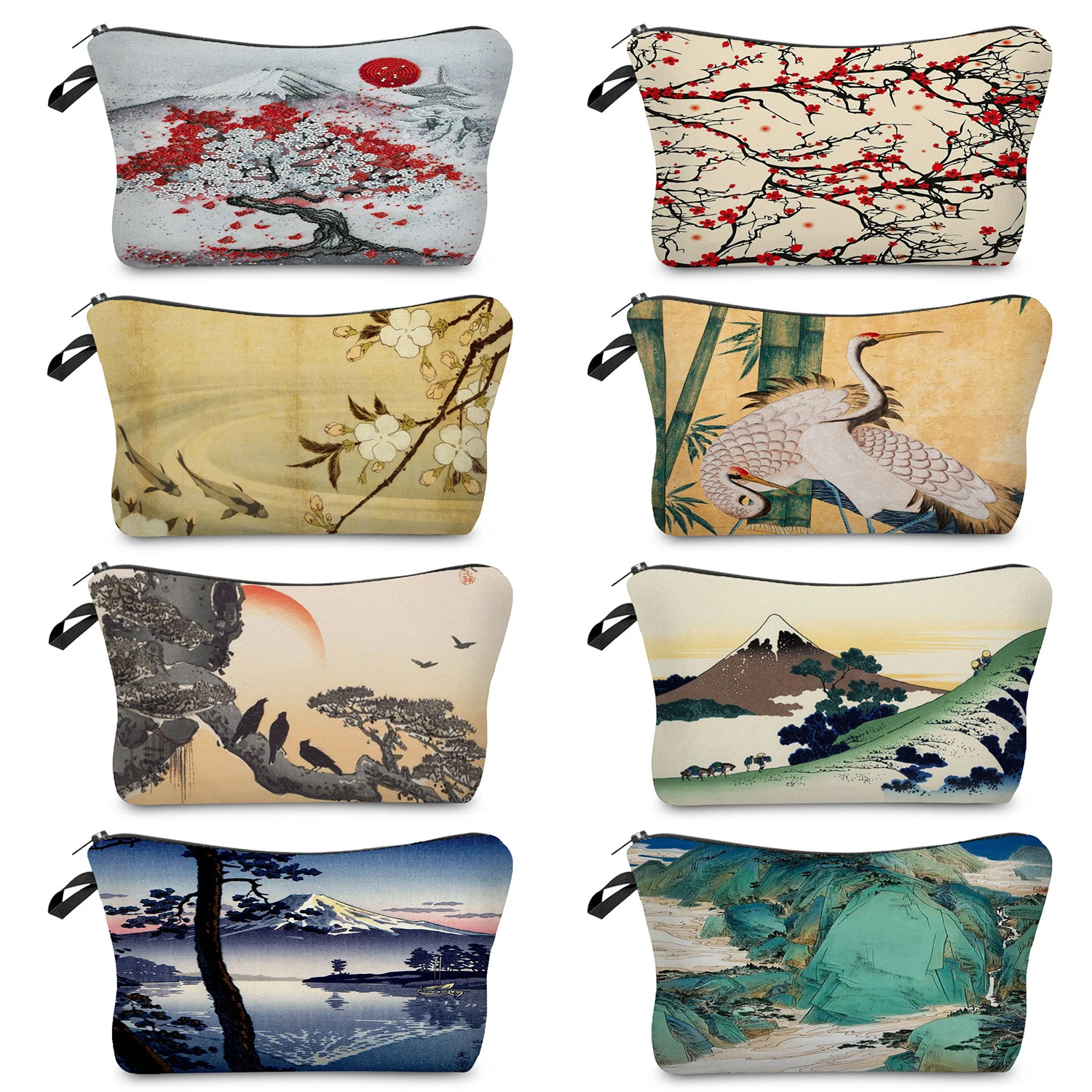 Mini bolsa de maquillaje Ukiyoe japonesa para mujer, bolsa de aseo de viaje de playa de diseñador de grulla, bolsa de cosméticos reutilizable