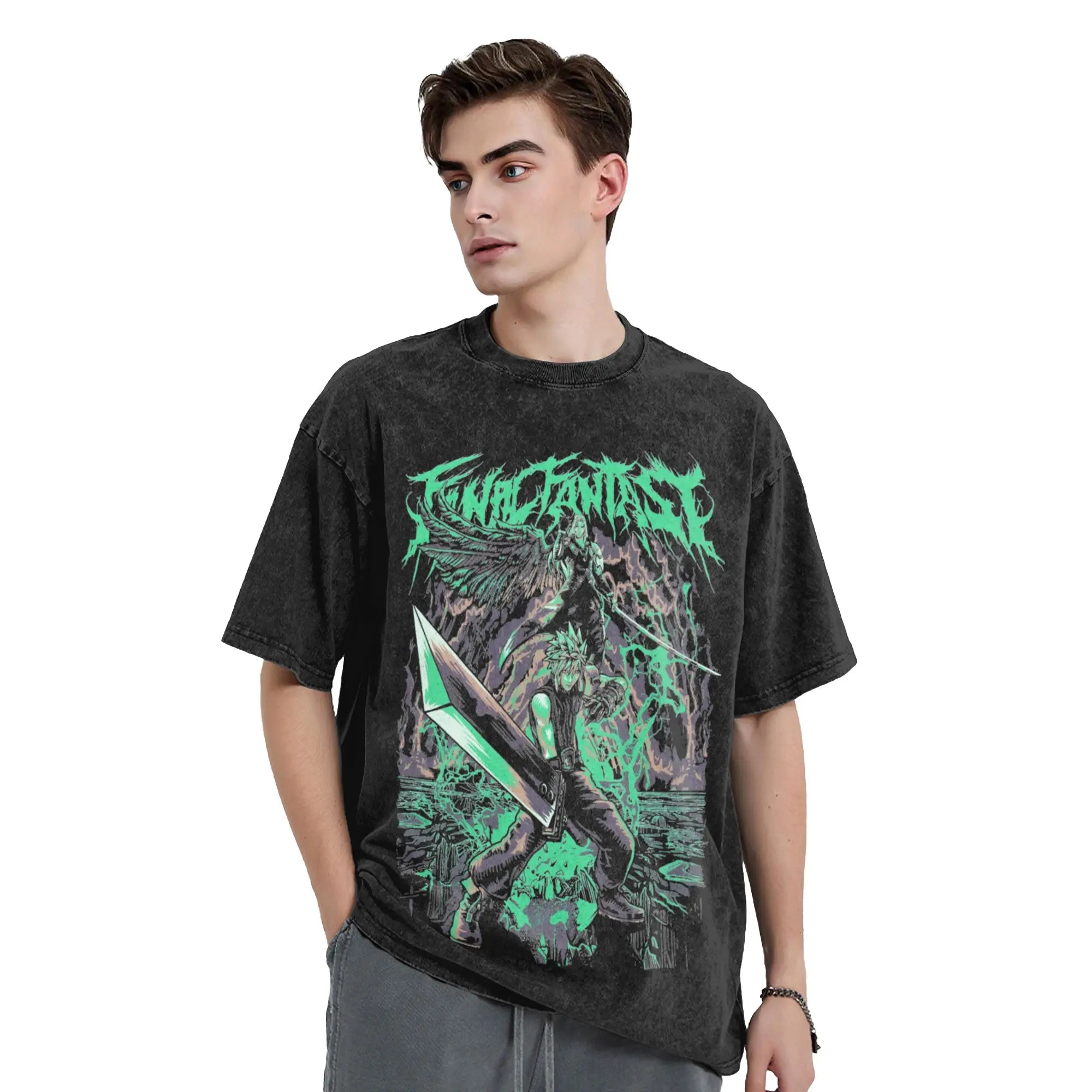 Harajuku Finals Fantasys  Vintage Washed T-Shirt Men Cotton Short Sleeve  Crewneck Summer Clothes