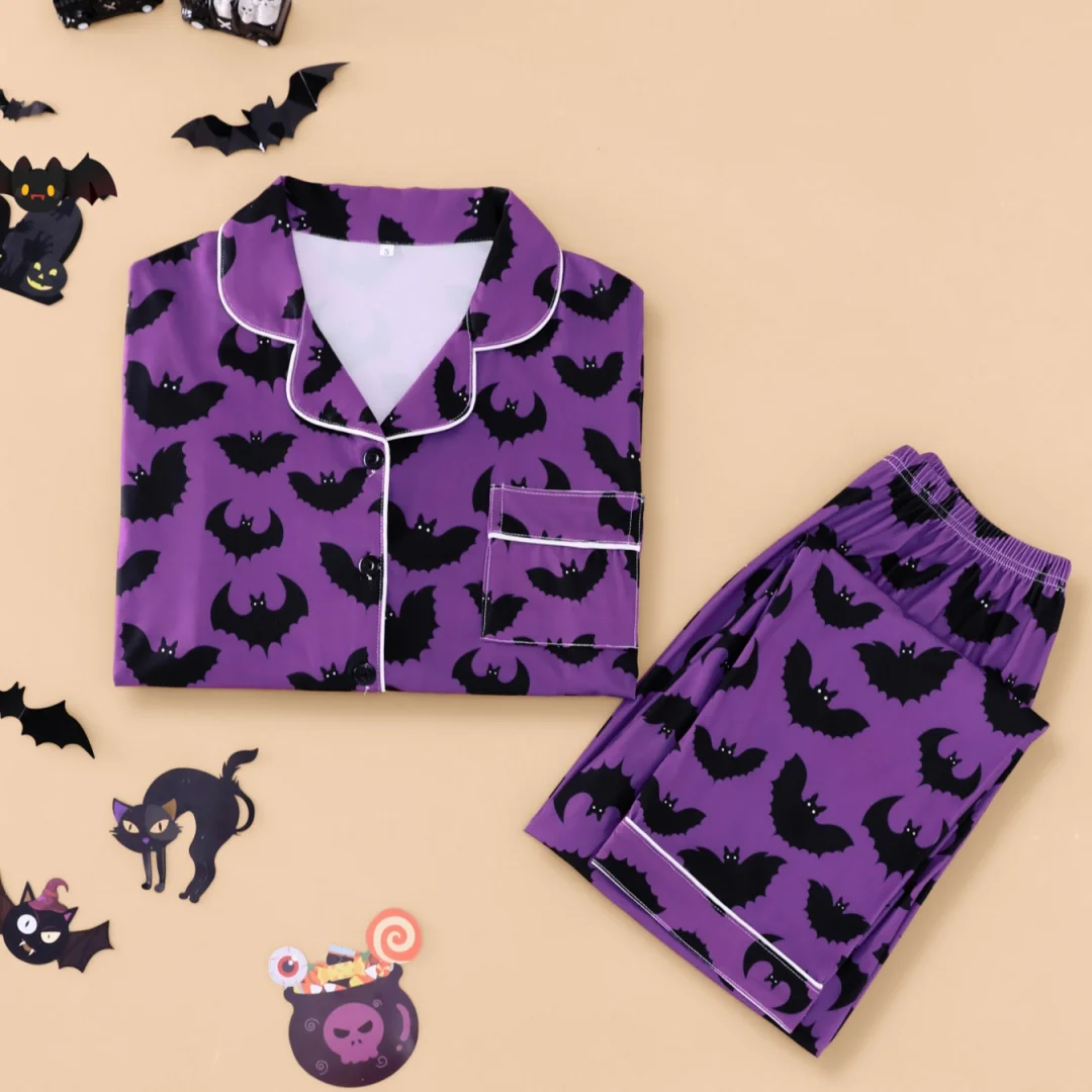 

Women's Purple Halloween Themed Pajama with Bat Print Long-sleeved Pants Spring Autumn Home Wear Set