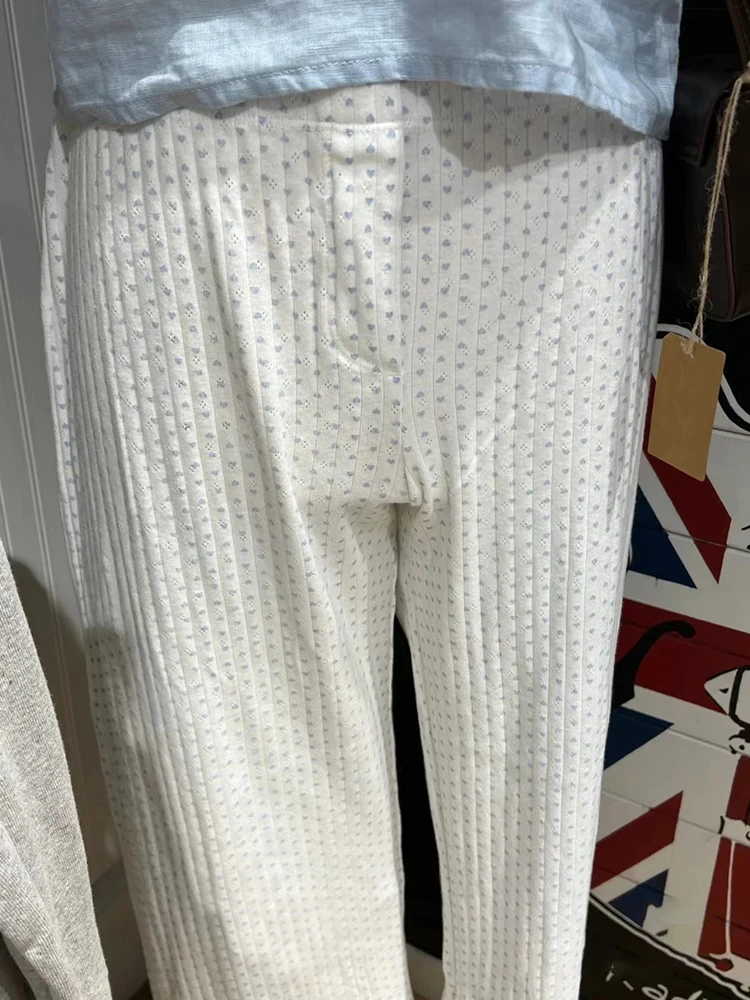 Blue Heart Eyelet Long Pants Women Summer Beige Elastic High Waist Straight Trousers Sweet Girls Casual Cotton Home Pant Y2k