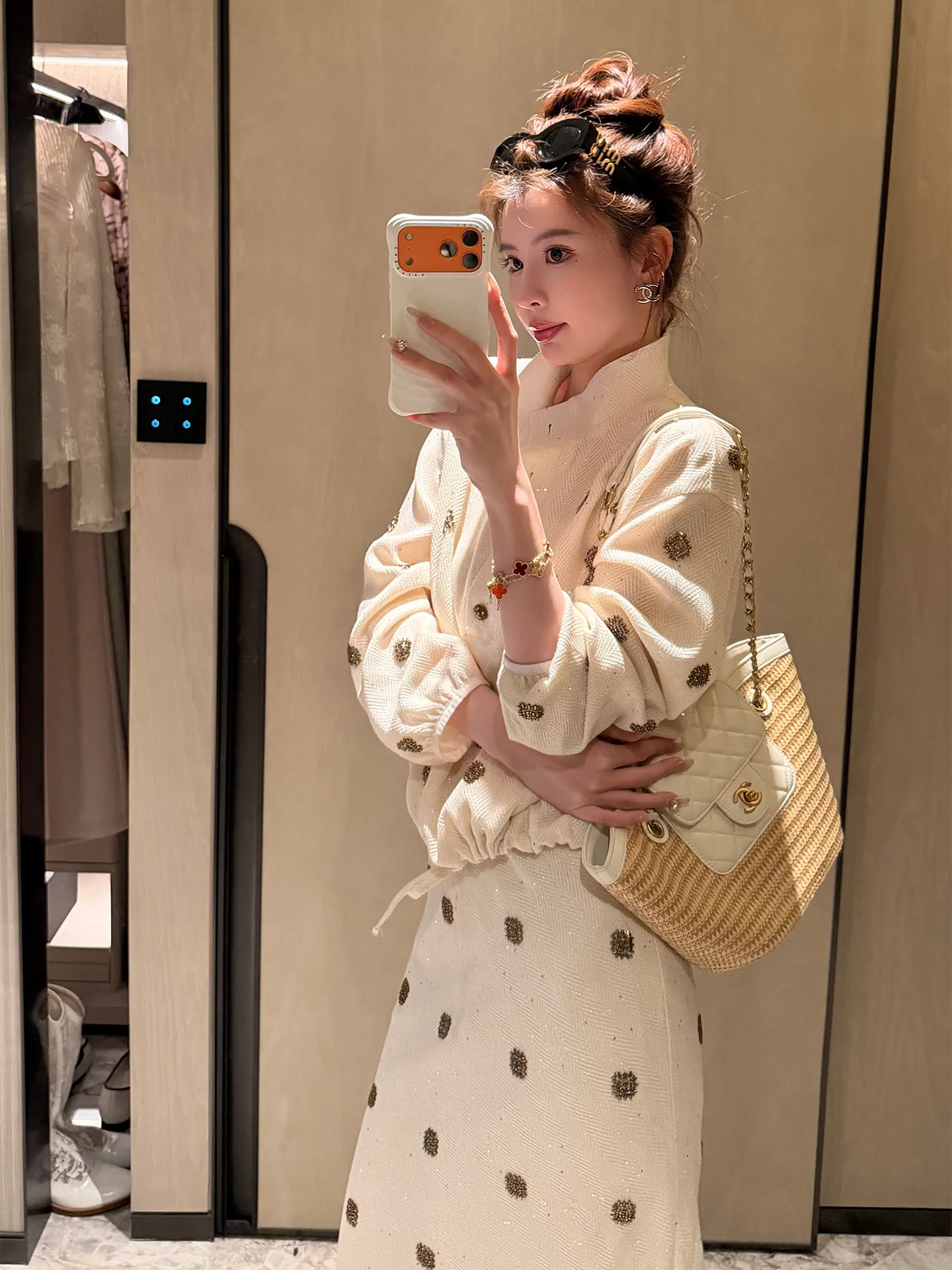 

Kun Palm Bay Heavy Embroidery Sequin Set Women's Spring irt f Skirt Two Piece Set New Sle Long Sve Polka Dot Pattern