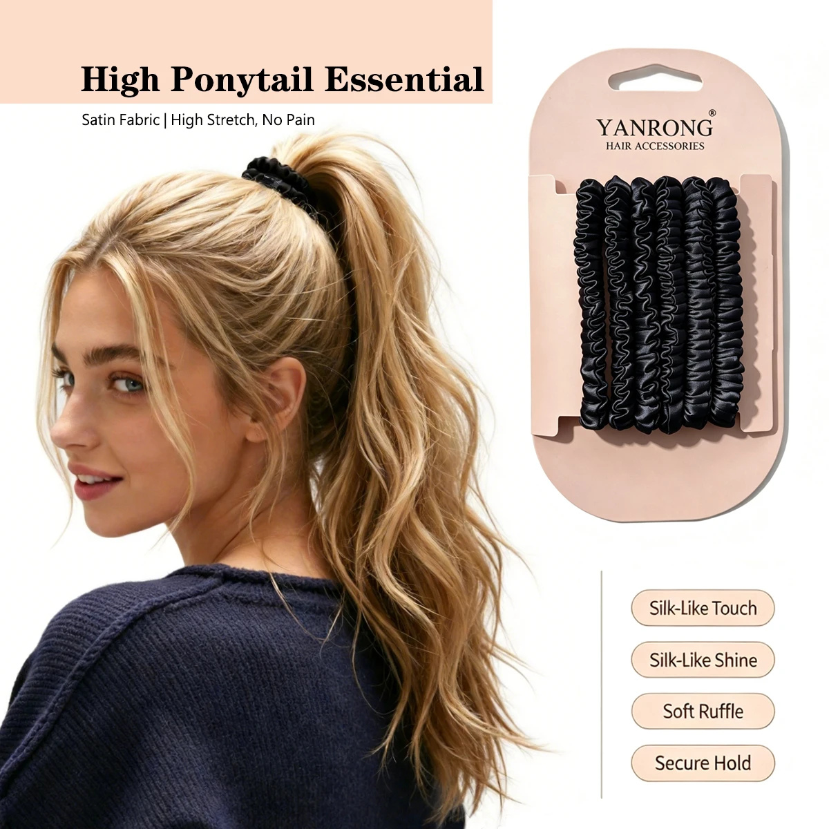 Satin Hair Scrunchies, Silky‑Smooth High Elastic Hair Bands for High Ponytail, Minimalist Hair Accessories for Women & Girls