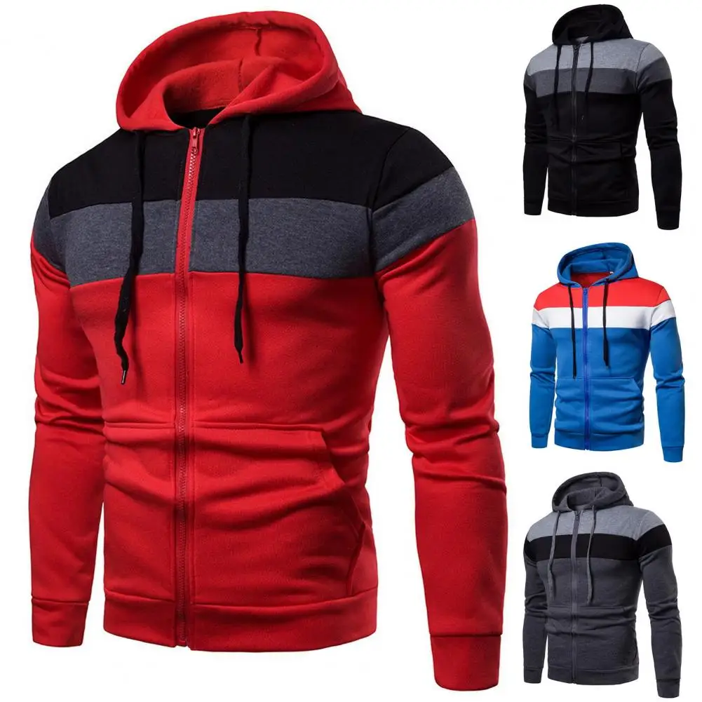 Men Autumn Patchwork Color Hoodie Coat Hooded Drawstring Long Sleeve Pockets Zipper Placket Sweatshirt Jacket Warm Casual Outwea
