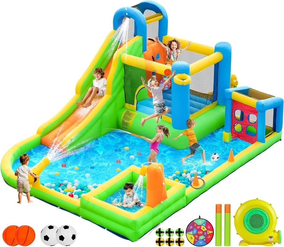 

Inflatable Bounce House, 9 in 1 Water Slide with Blower, Bouncy House for Kids Indoor Outdoor Wet Dry Combo Water Bounce