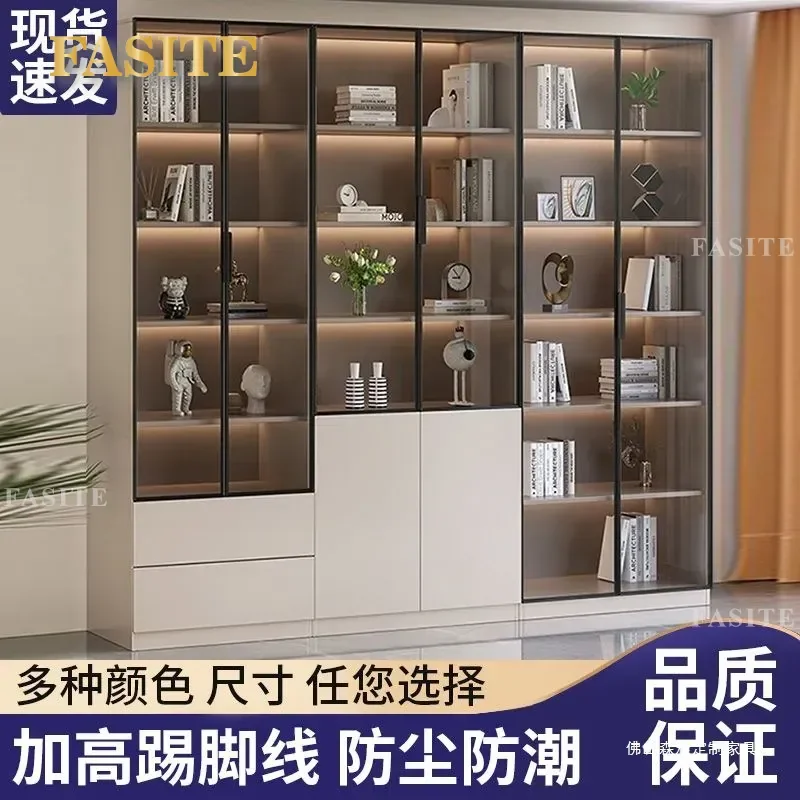 For Light Luxury Solid Wood Bookcase with Glass Door Floor to Ceiling Simple Modern Living Room Bookshelf Figure Display