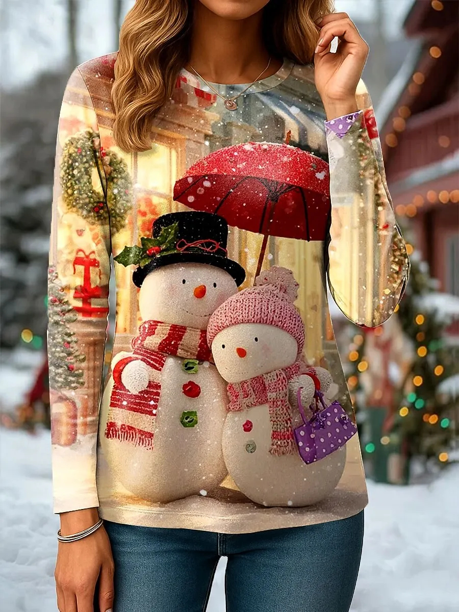 

Рождественский снеговик Лось с 3D принтом Женская футболка с длинными рукавами Рождественские праздничные подарки Топы Harajuku Женская одежда Топы