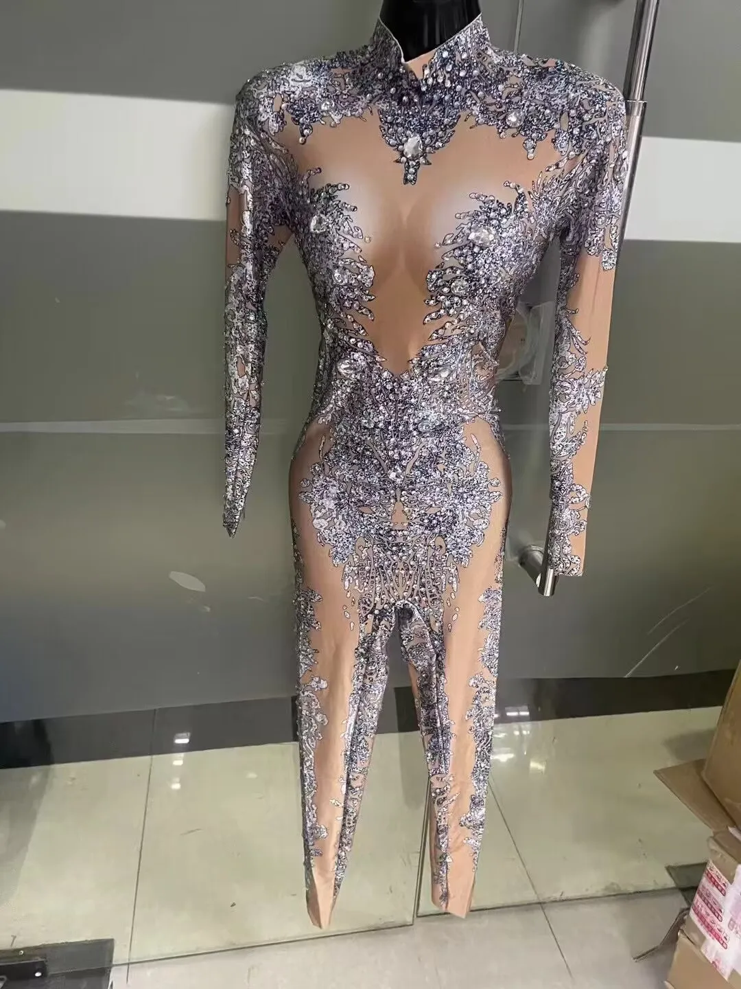 생일 여성 송 DJD 무대 의상 고공 섹시 페이크 미트 라인스톤 프린트 점프수트 공연 의상