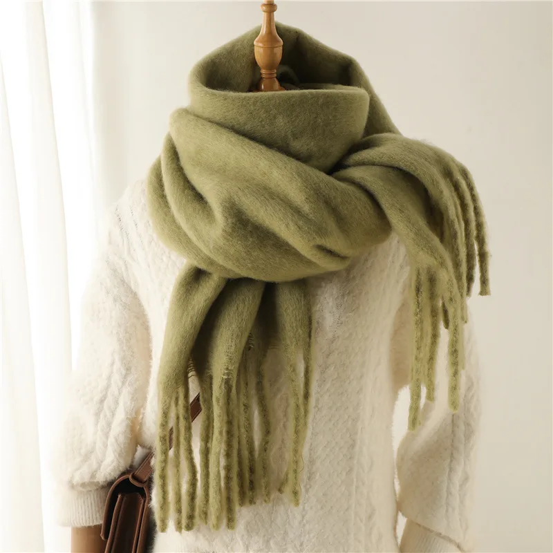 Winter Cashmere Neck Scarves Women Warm Mohair Shawl Solid Wool Color Scarf For Ladies Fashion Knitted Scarves With Tassels 2024