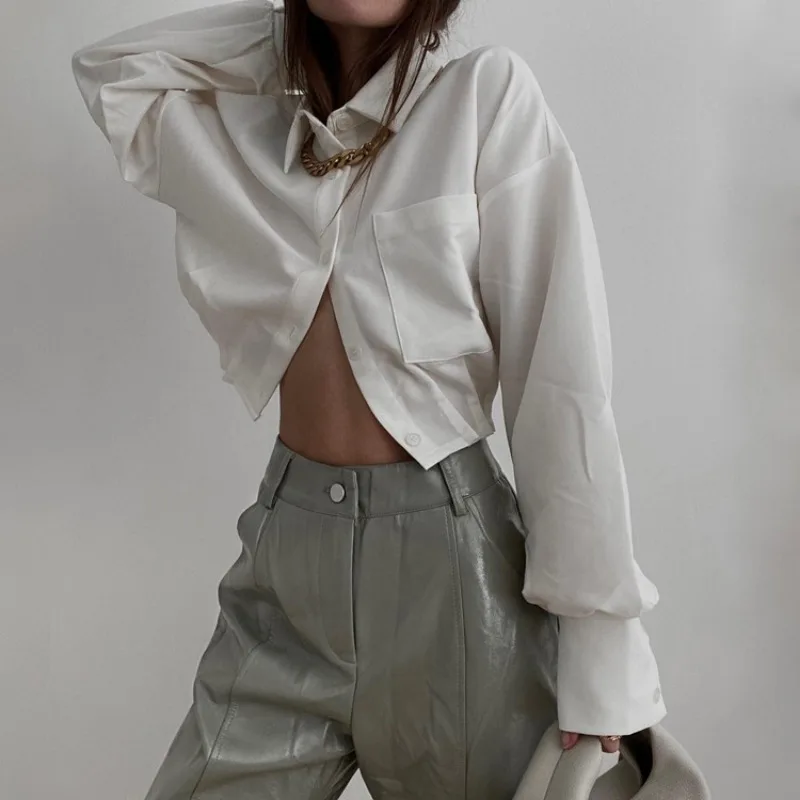 

Autumn Button Loose Long Sleeve Short Blouse Female Fashion White Shirt Casual Slim Crop Tops Women's Clothing Streetwear 28169