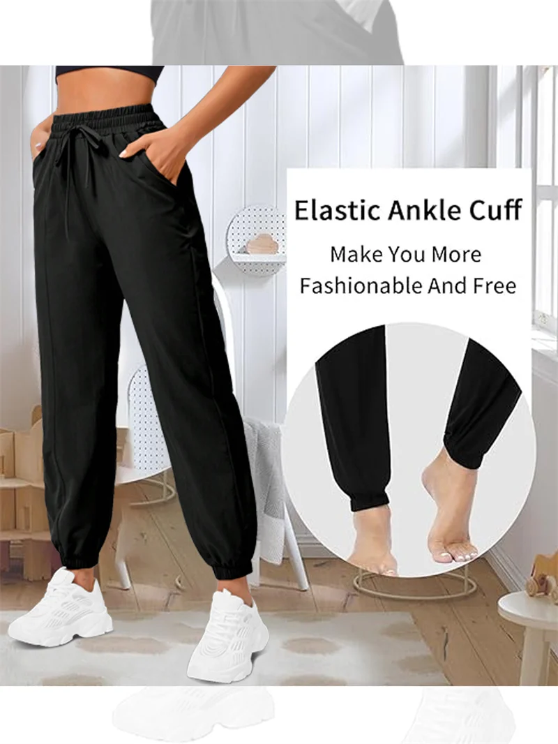 Loose running and fitness pants, women's side pockets, outdoor casual sports pants, ankle tied yoga pants image 6