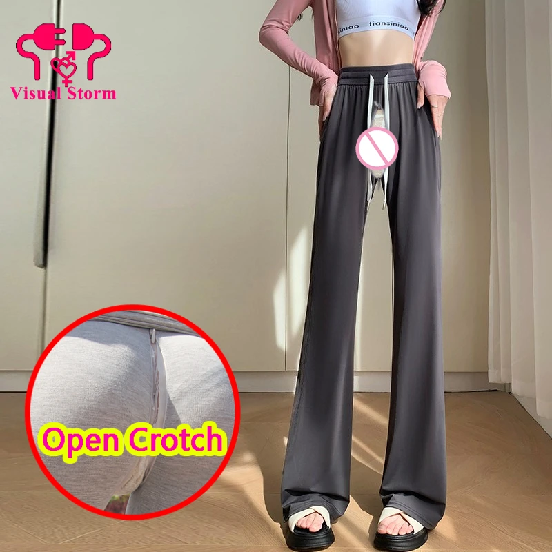 Woman Open Crotch Leggings Loose Hidden Zipper Crotchless Trousers Fashion Style Couple Outdoor Sex Costume Erotic Pants